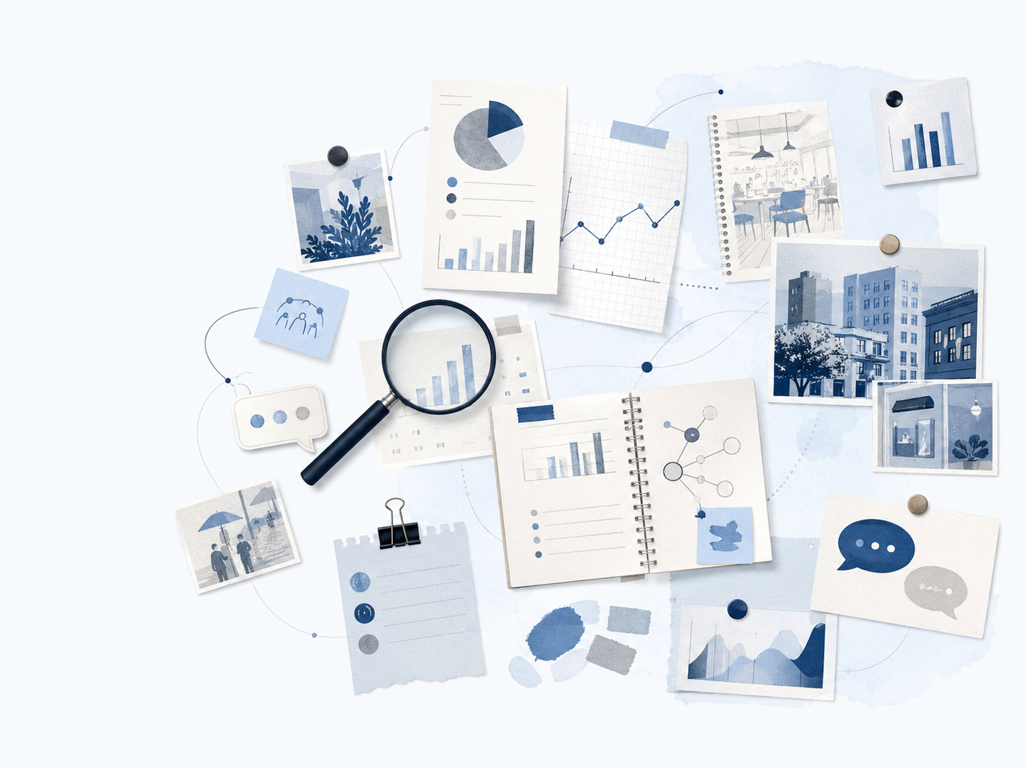 Collage of research notes, abstract data charts, observation cards and a magnifying glass
